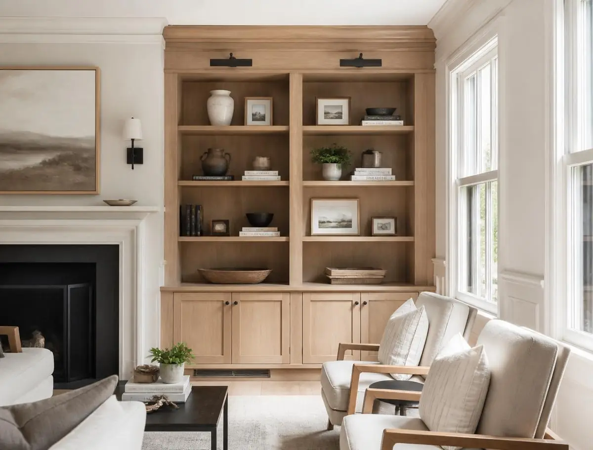 Custom built-in cabinetry with shelving and painted trim detail