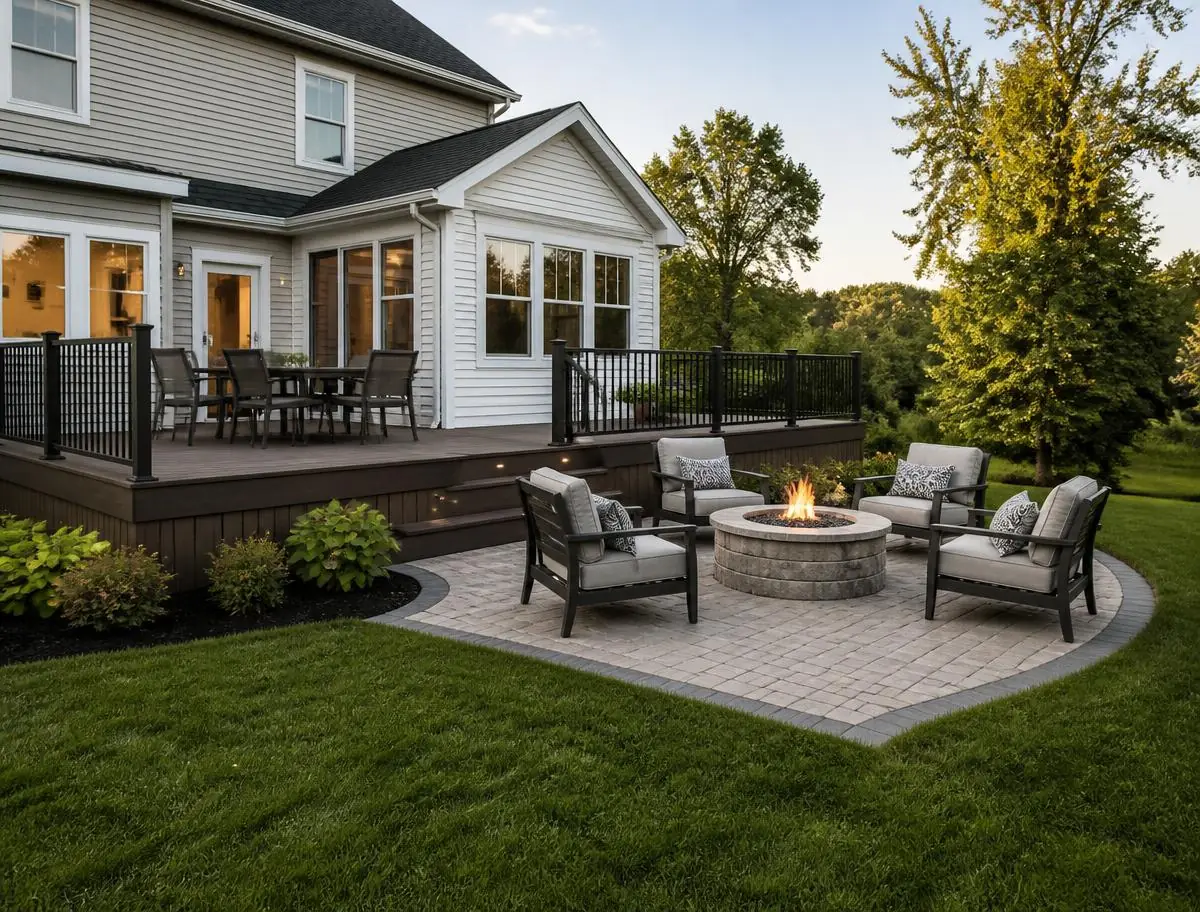 Composite deck with aluminum railing stepping down to a paver patio by Connor's Contracting.