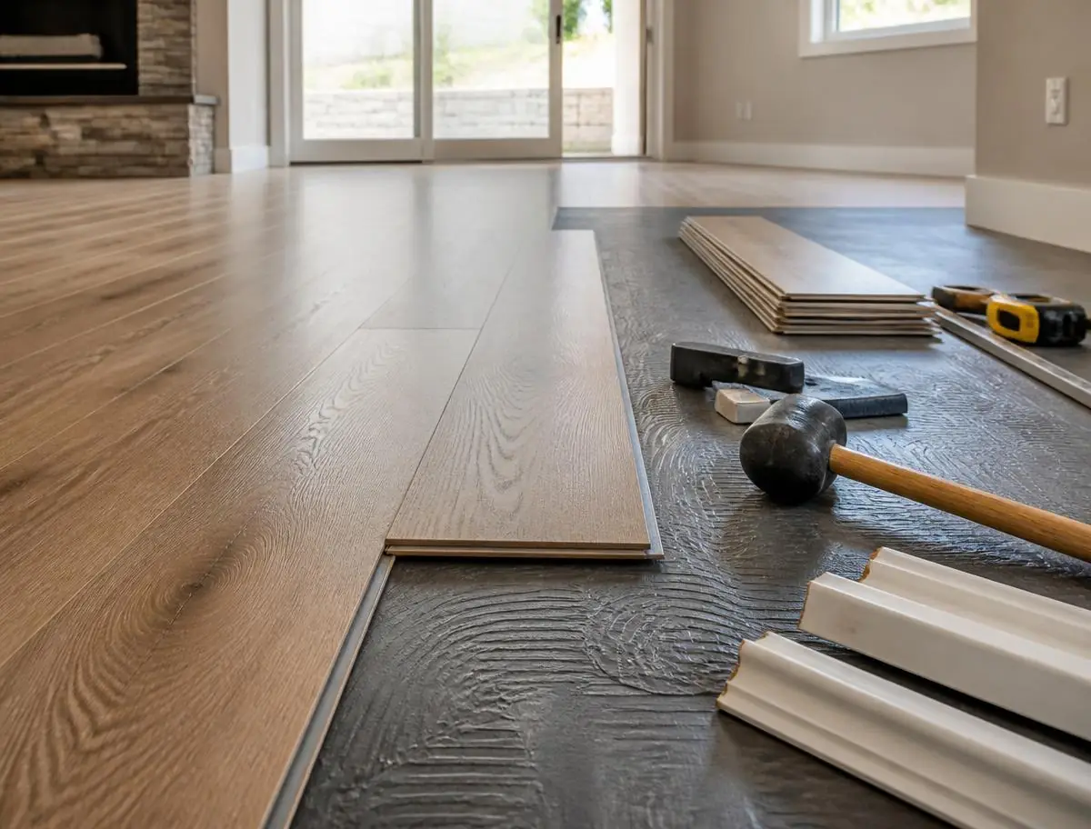 Wide-plank engineered hardwood flooring installed through a bright living space