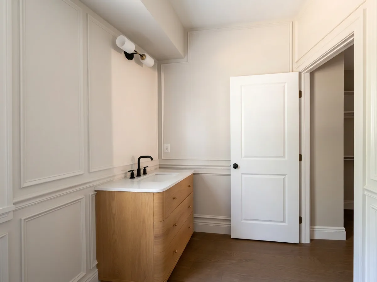 Finished half bath with white oak vanity, quartz top, matte black fixtures, and panel molding.
