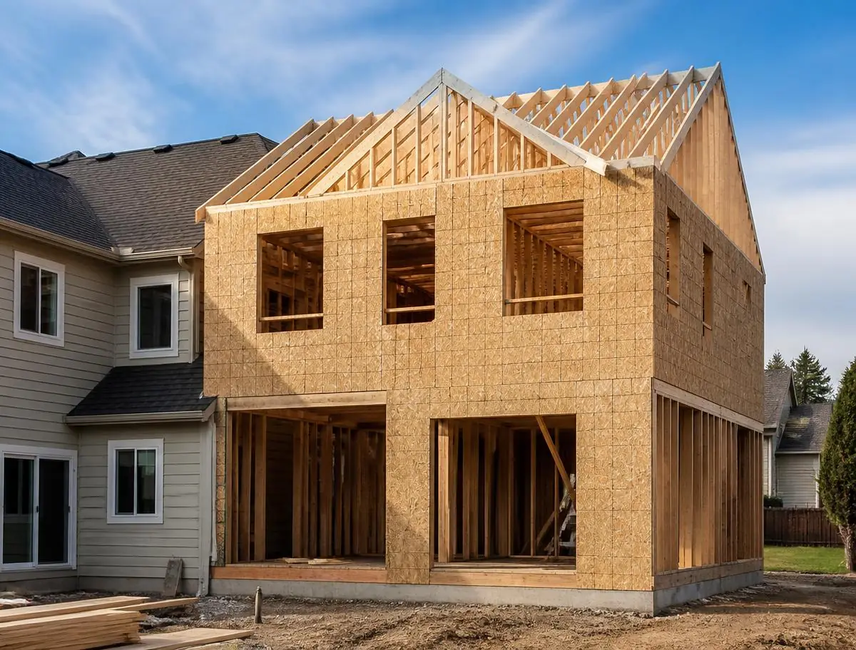 Rear home addition with new roofline, large windows, and matching siding