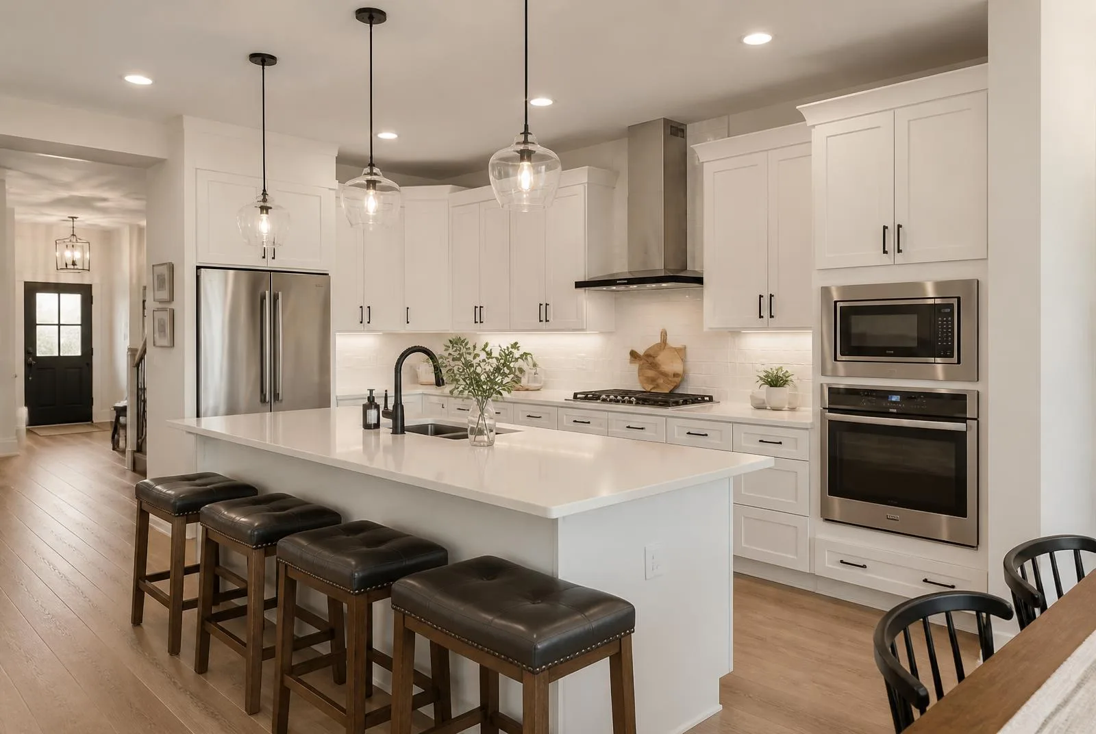 Open-concept kitchen with bar seating, pendant lighting, and stone countertops