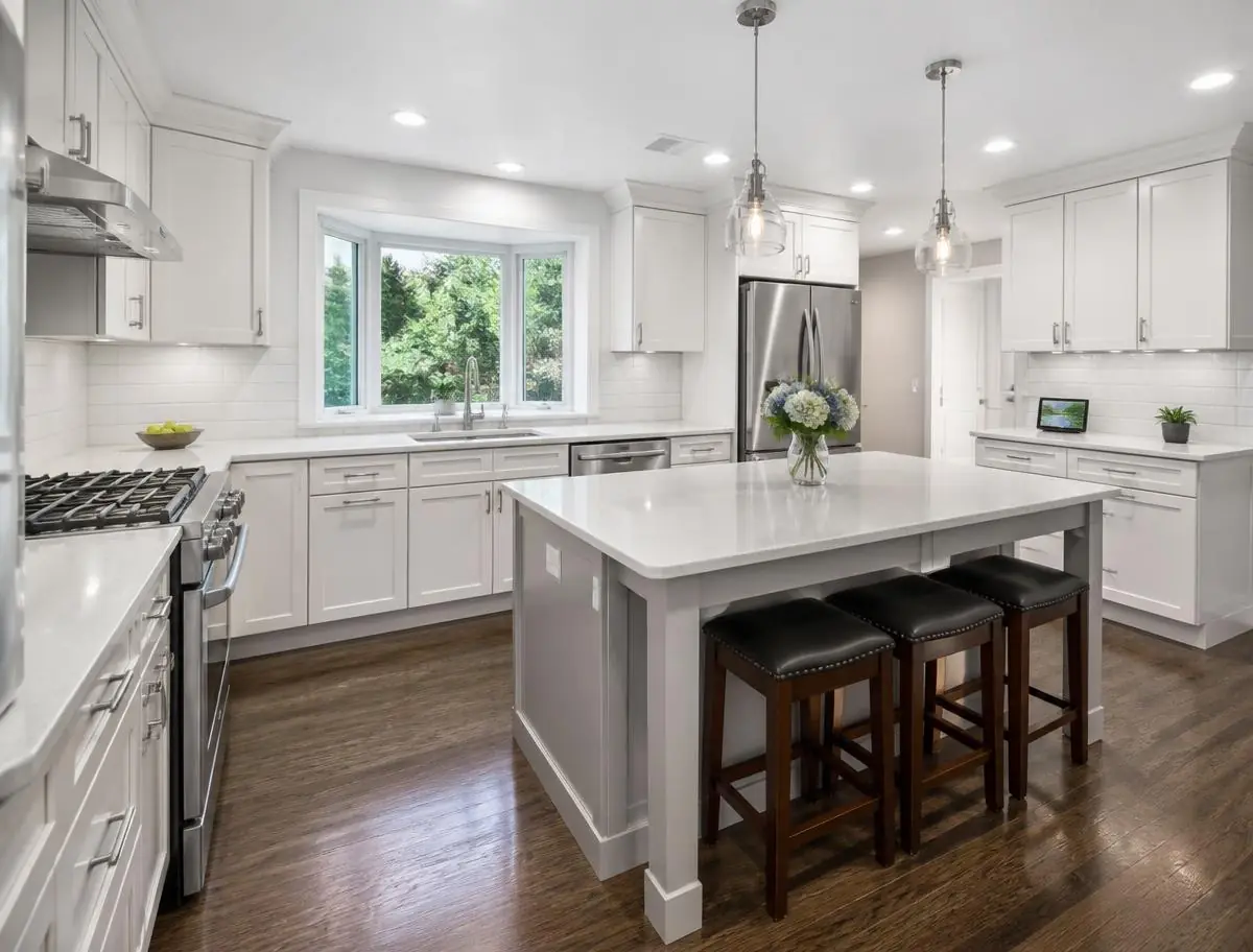 Renovated kitchen with custom cabinetry, quartz island, and tile backsplash by Connor's Contracting.