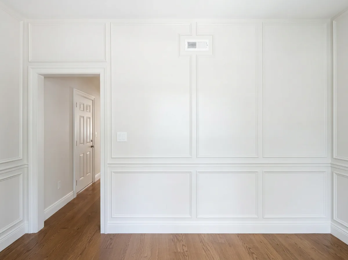 Level-five drywall finish with applied picture-frame wall molding and new casing.