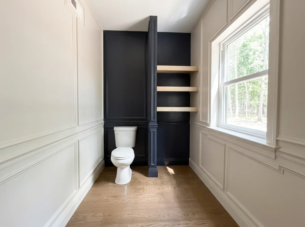 Powder room build-out with black paneled built-in, white oak floating shelves, and wainscoting by Connor's Contracting.
