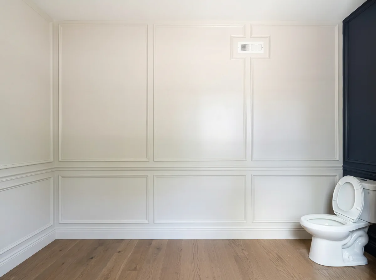 Picture-frame wainscoting and applied wall molding painted in warm white
